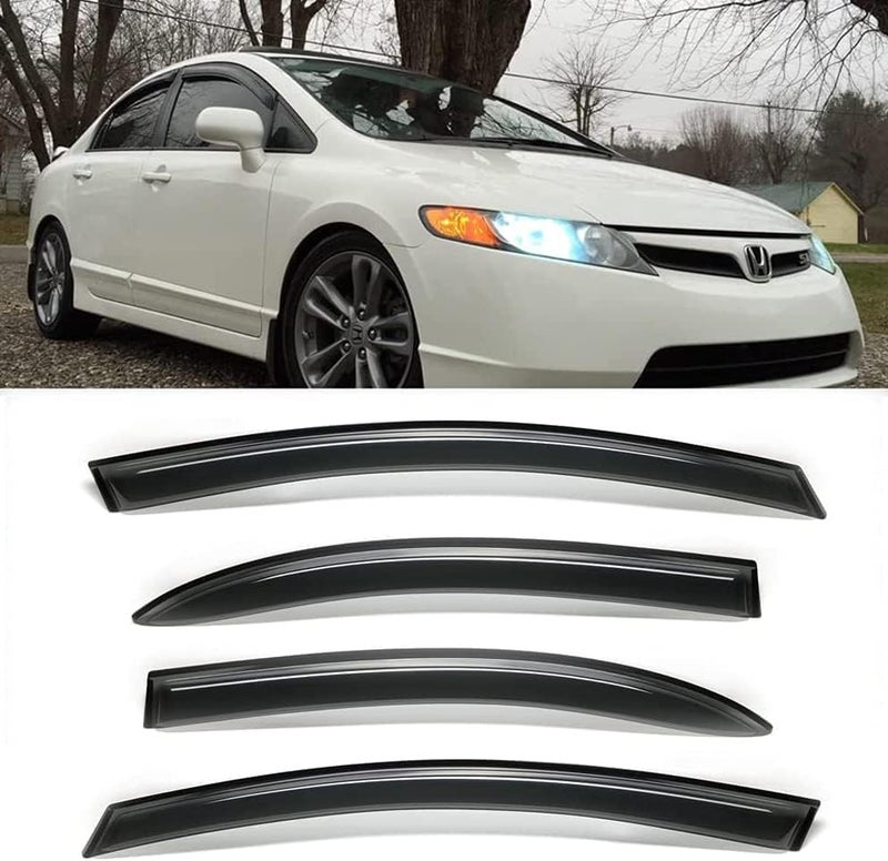 Deebior 94944 Side Window Visors Vent Deflector Rain Guard,4pcs Outside Mount Tape-on Shatterproof Dark Smoke Window Shades fit for 2006-2011 Honda Civic 4-Door Sedan - Image 1